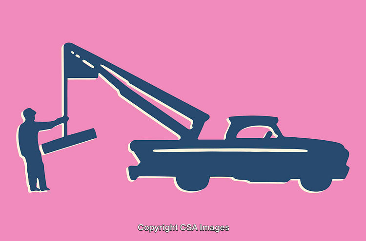 Silhouette of Vehicle and Worker with Crane Against Pink Background