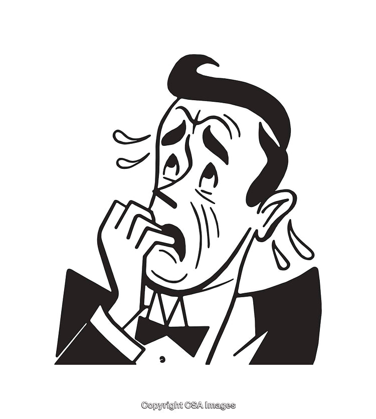 Black and White Illustration of a Nervous Man Biting His Fingernails