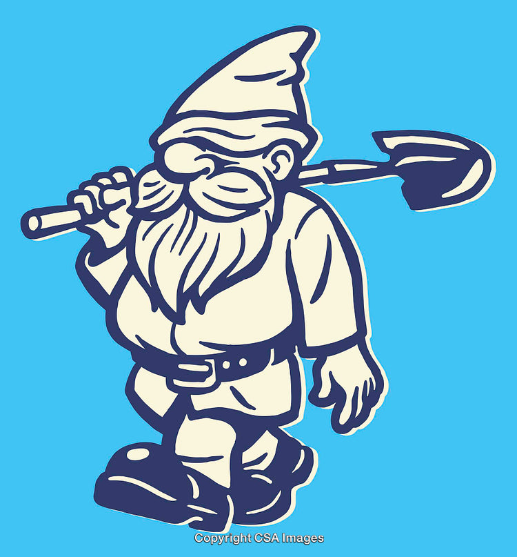 Colorful Illustration of a Cheerful Gnome Holding a Shovel on a Blue Background