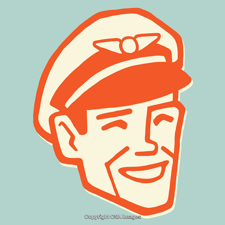 Retro Styled Captain Illustration in Bold Orange Lines on Blue Background