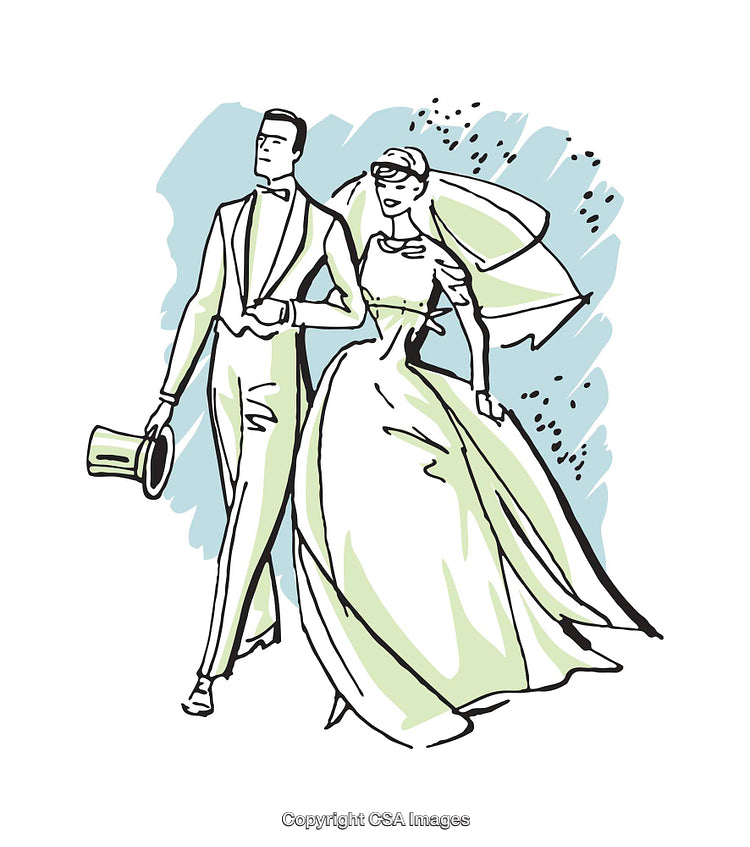 Elegant Cartoon Illustration of a Bride and Groom on Their Wedding Day
