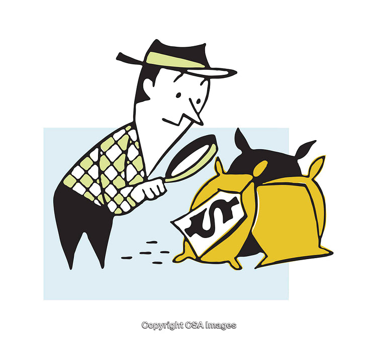 Illustration of Investigator Examining Money Bag Using Magnifying Glass