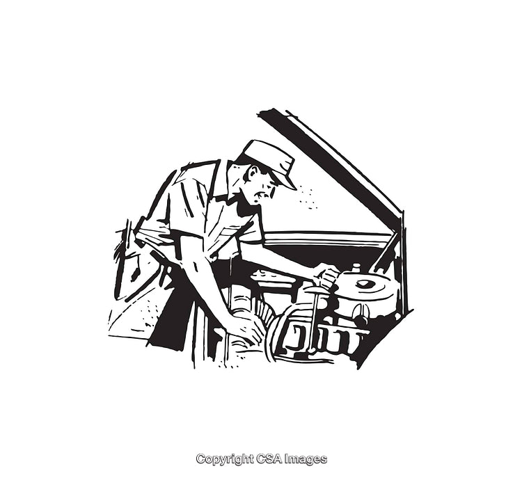Black and White Illustration of a Mechanic Working on Car Engine