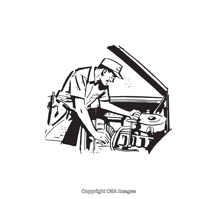 Black and White Illustration of a Mechanic Working on Car Engine