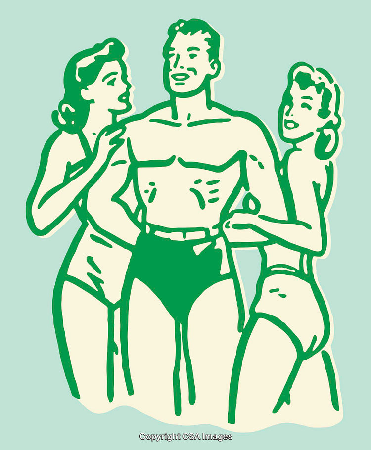 Vintage Line Art Illustration of Figures in Swimsuits and Retro Style