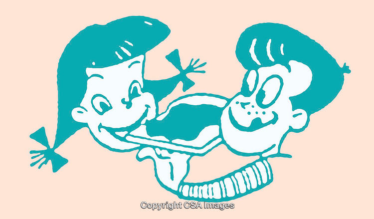 Retro Illustrative Artwork of Character Interaction in Bold Colors