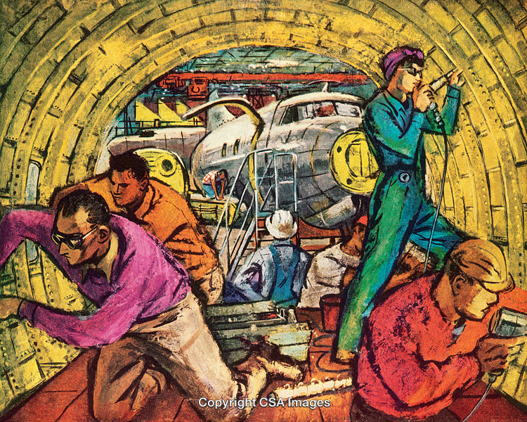 Industrial Workers Inside An Aircraft Factory Illustrating Teamwork and Manufacture