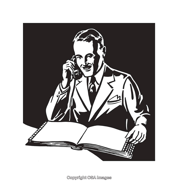 Retro Line Art of Businessman Speaking on Phone While Reading a Document