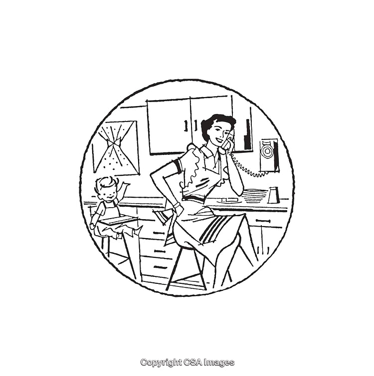 Retro Line Art of a Woman on the Phone in a Kitchen Scene