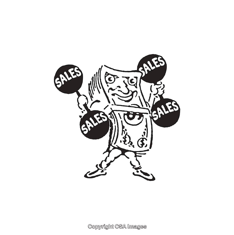 Cheerful Dollar Cartoon Holding Sales Banners in Black and White Line Art