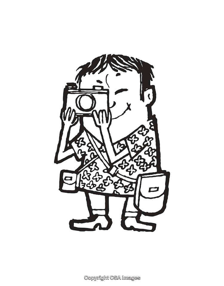 Illustration of a Cartoon Character Holding a Camera in Black and White Line Art