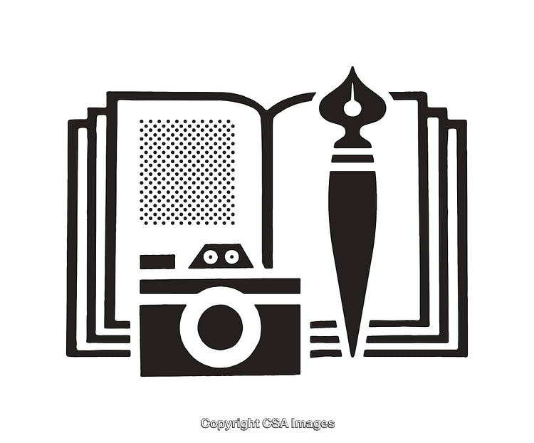Black and White Line Art With Book, Camera, and Pen Symbols