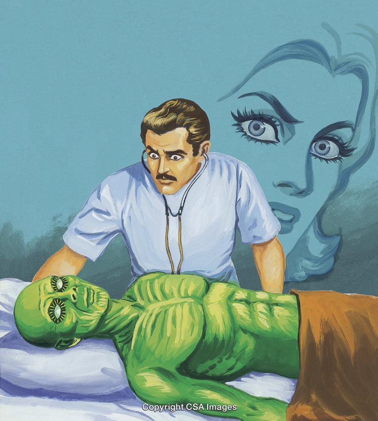 Doctor Examines Mysterious Green Alien Figure with Concerned Expressions