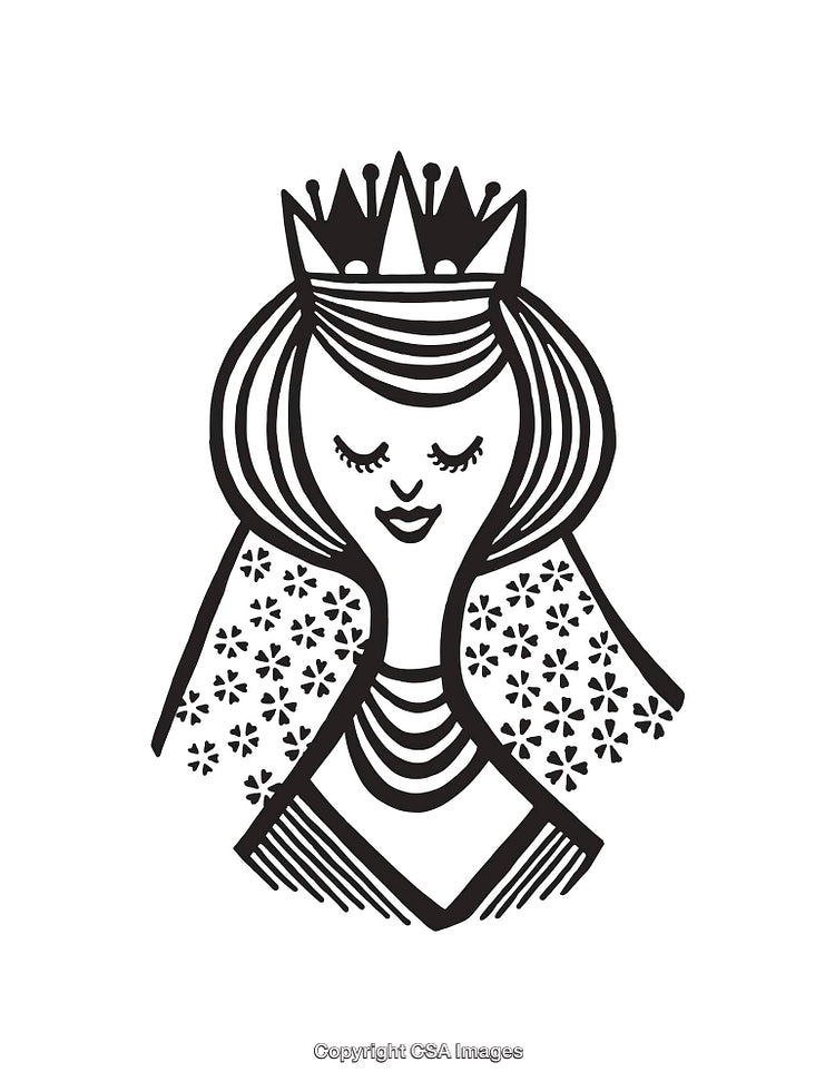 Elegant Line Art Illustration of a Crowned Woman with a Flowing Cape