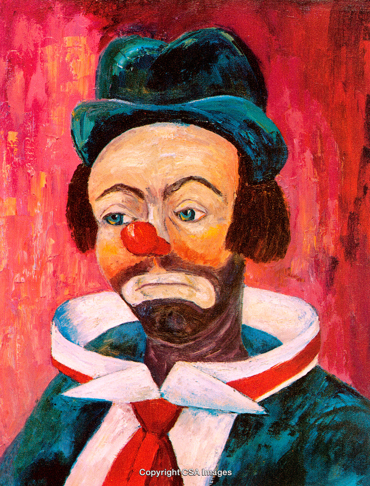 Colorful Expressionist Painting Portraying a Sad Clown in Vibrant Red Tones