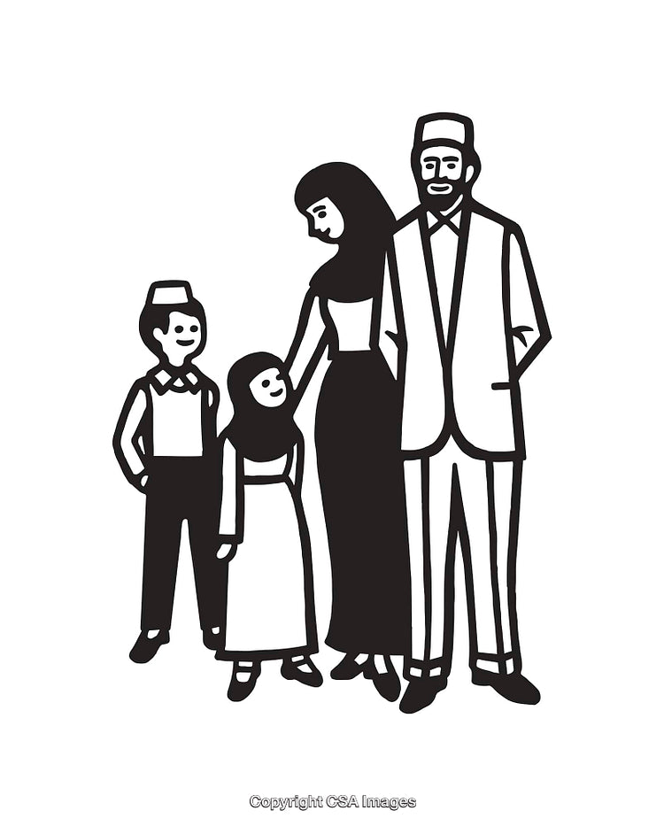 Black and White Line Art of a Family in Traditional Attire