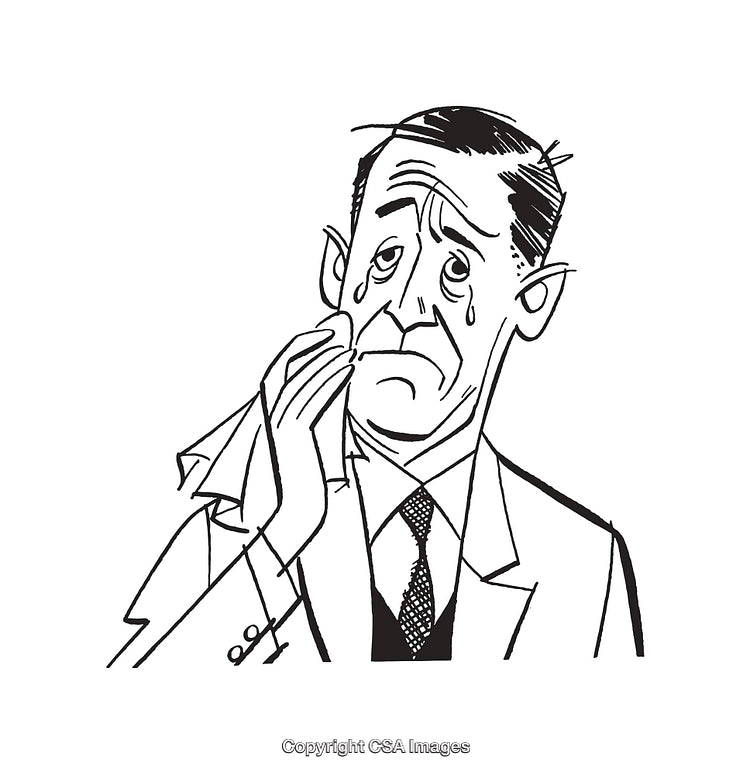Black and White Line Art of a Crying Businessman Using a Handkerchief