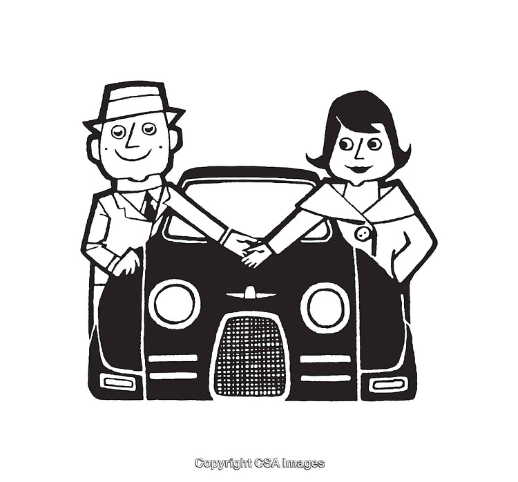 Line Art Illustration of a Couple Standing by a Vintage Car