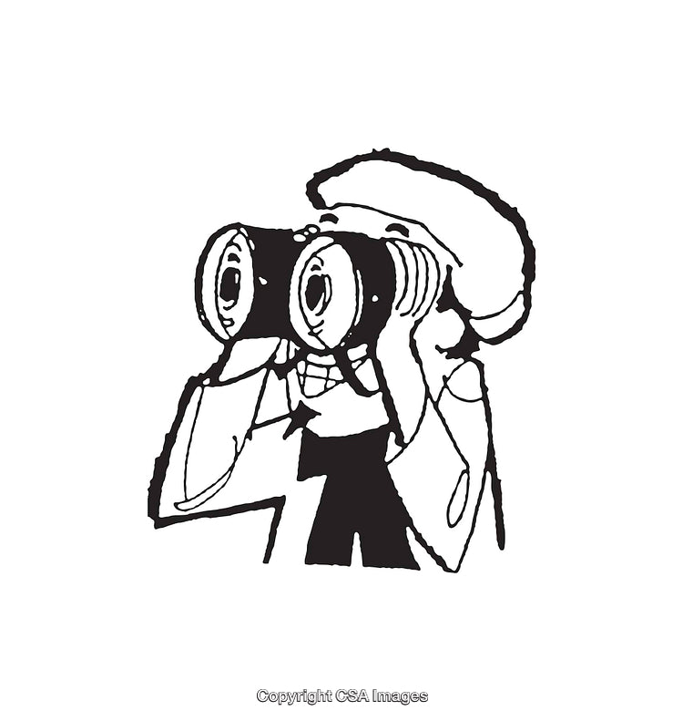 Black and White Line Art of a Person Observing with Binoculars