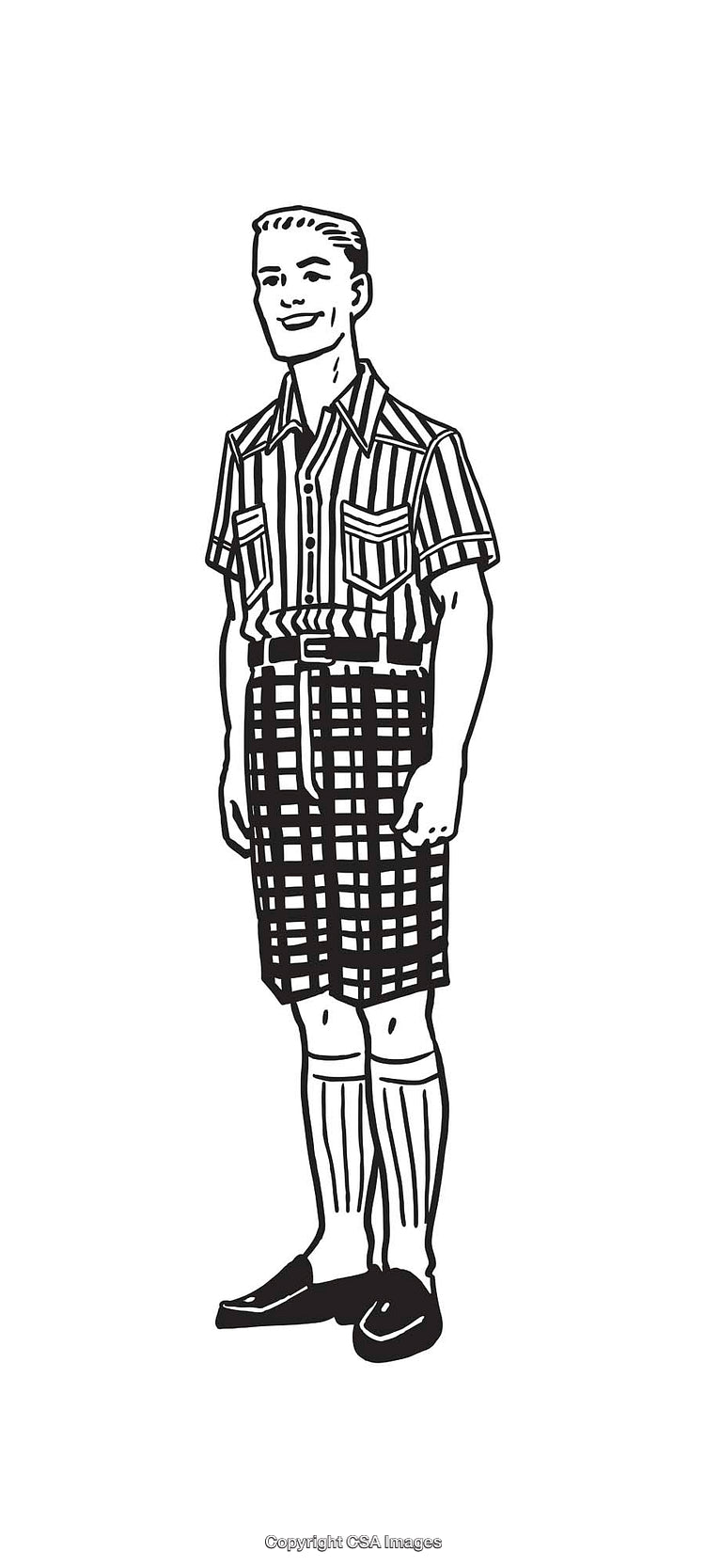 Vintage Black And White Illustration of a Man in Checked Outfit and Socks