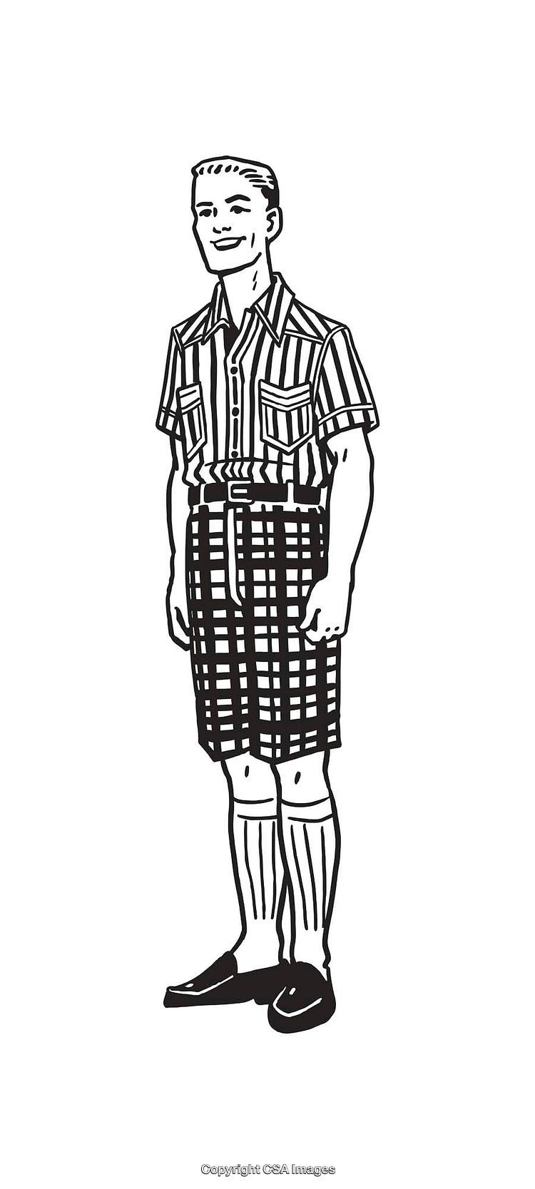 Vintage Black And White Illustration of a Man in Checked Outfit and Socks