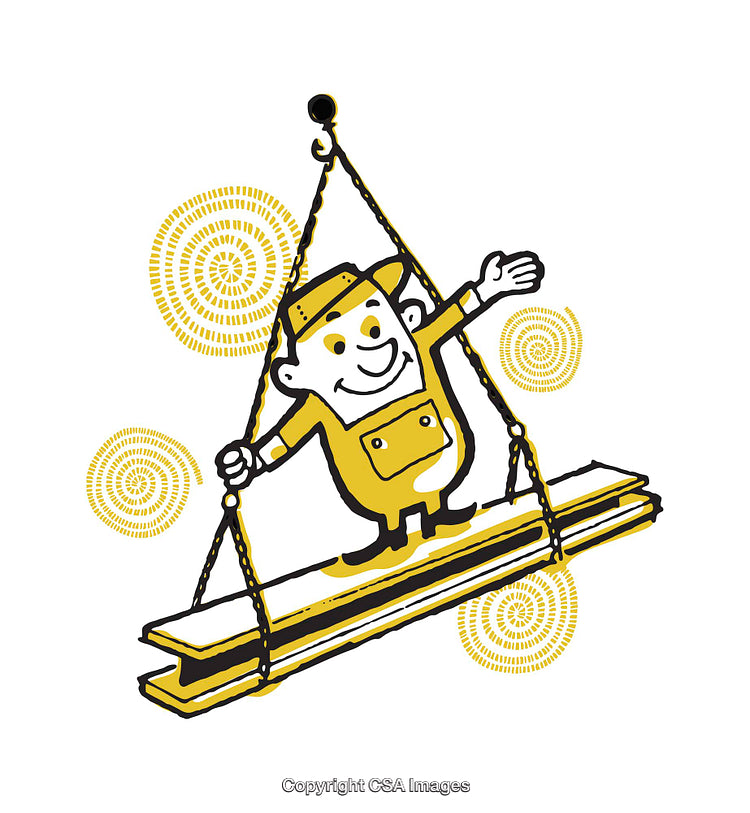 Playful Cartoon Worker Balancing on Hanging Steel Beams with Cheerful Expression
