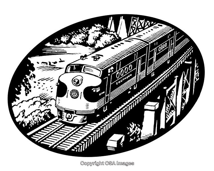 Vintage Black and White Engraving of a Train Bridge over Scenic Landscape