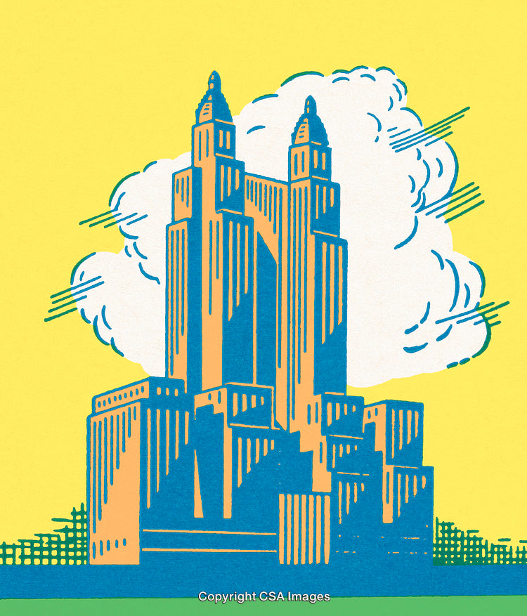 Artistic Illustration of Urban Skyscrapers Against a Bright Yellow Background