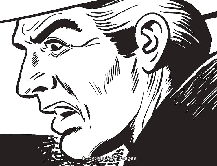 Vintage Black and White Illustration of a Man's Intense Expression