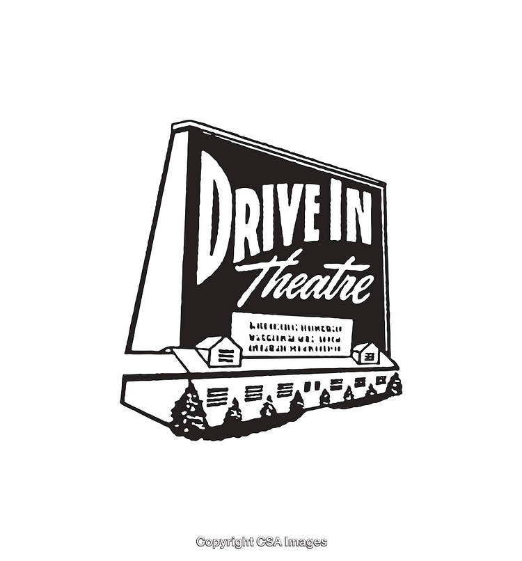 Vintage Black and White Drive-In Theatre Illustration Depicting Retro Atmosphere