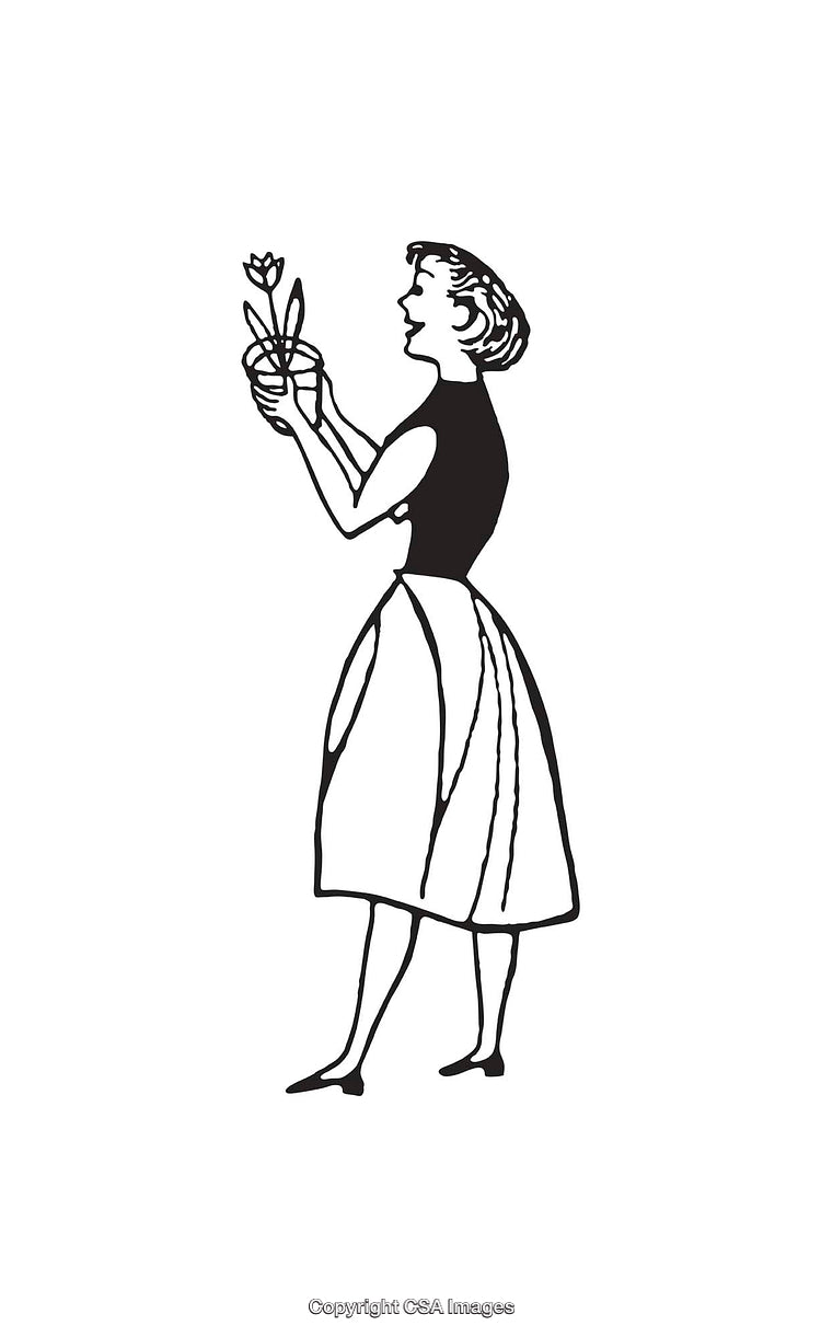 Vintage Line Art of a Woman Admiring a Flower in Hand
