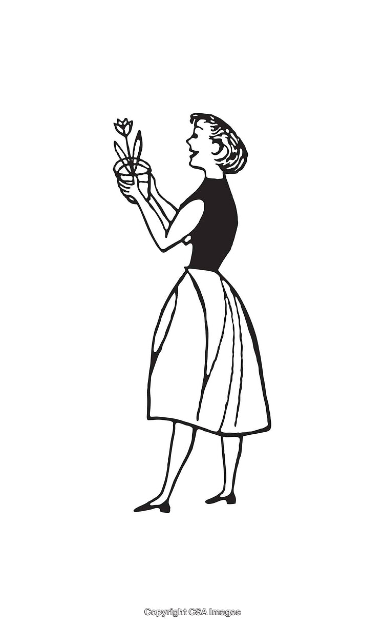 Vintage Line Art of a Woman Admiring a Flower in Hand