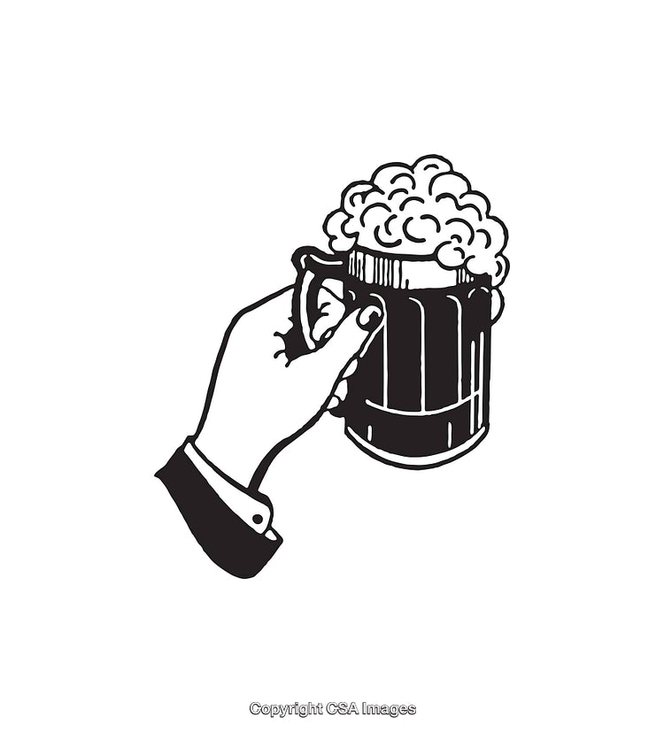 Black and White Line Art of a Hand Holding a Beer Mug