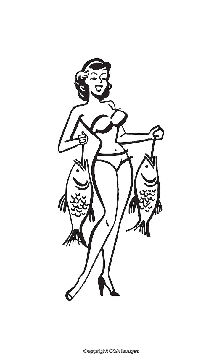 Vintage Pin-Up Style Illustration of Woman Holding Two Fish