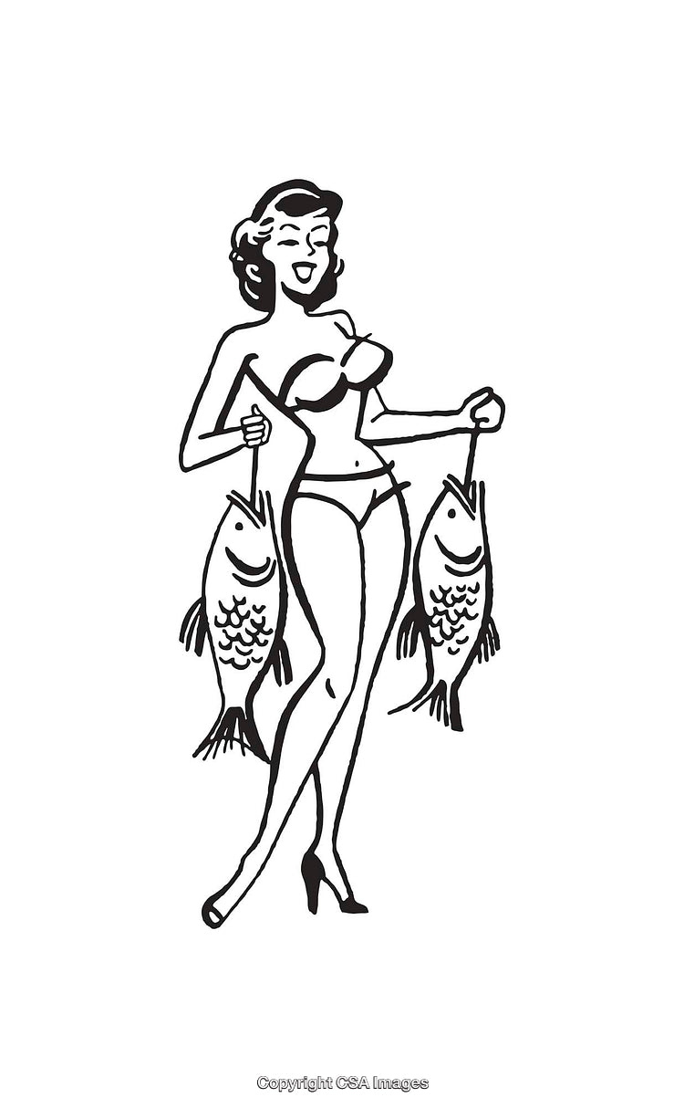 Vintage Pin-Up Style Illustration of Woman Holding Two Fish