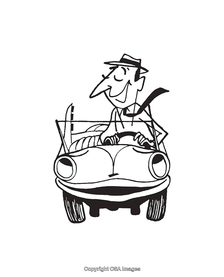 Smiling Man Driving with a Hat in a Cartoon Car