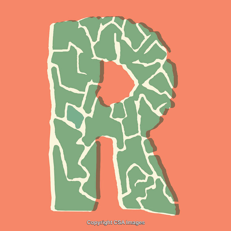 Green Letter R With Cracked Texture on Coral Background