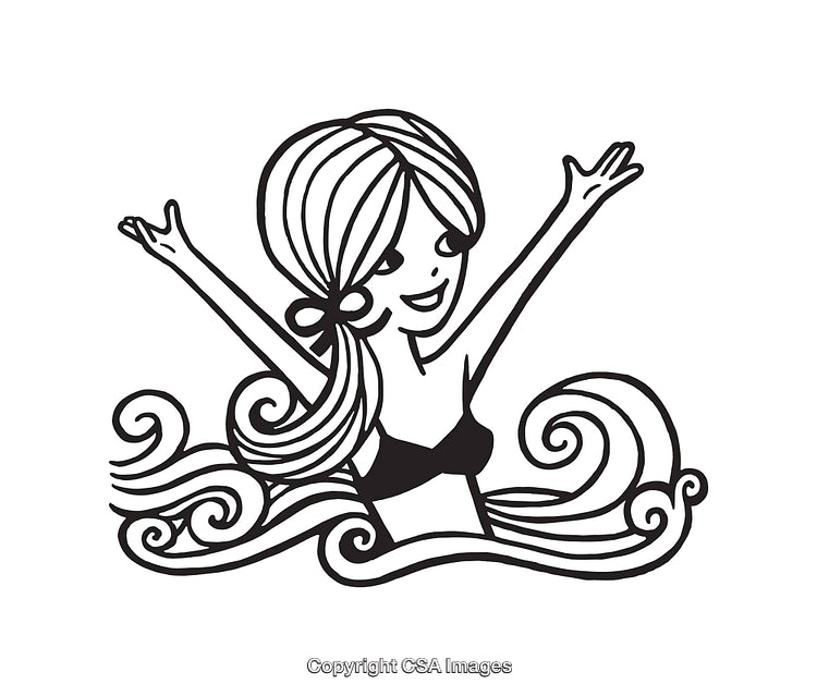 Cheerful Mermaid Girl in Black and White Line Art with Swirling Waves