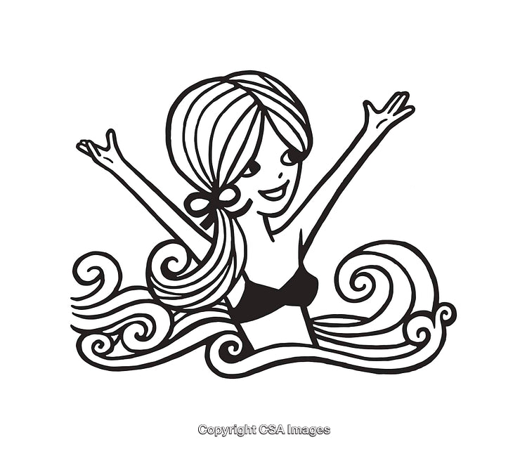 Cheerful Mermaid Girl in Black and White Line Art with Swirling Waves
