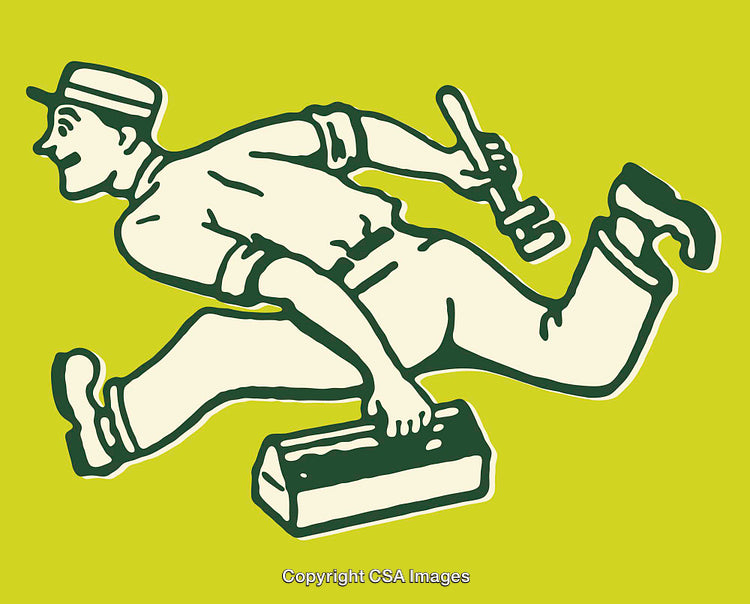 Vintage Line Art of a Worker Running With Toolbox and Tools