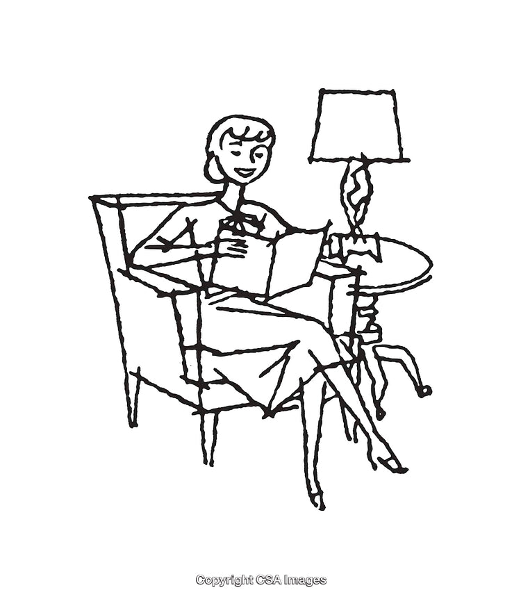 Black and White Line Art of Woman Reading in Chair