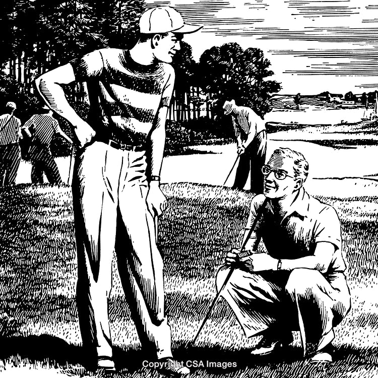 Engraving of Golfers Socializing and Playing on a Scenic Golf Course