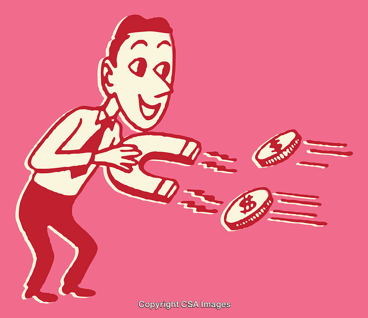 Retro Styled Illustration of Man Attracting Money with Magnet