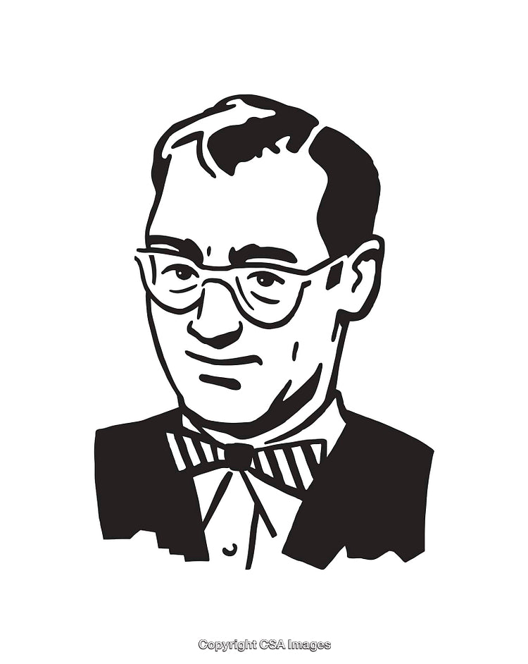 Black and White Line Art Illustration of a Man Wearing Glasses and Bowtie