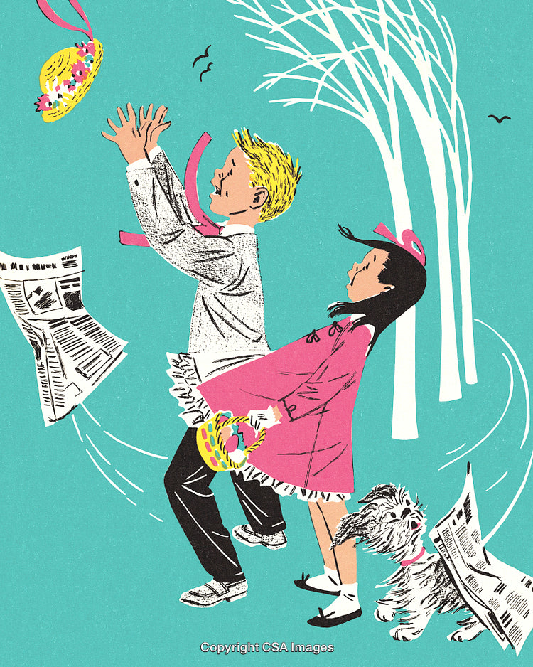 Colorful Illustration of Kids and a Dog in a Windy Scene