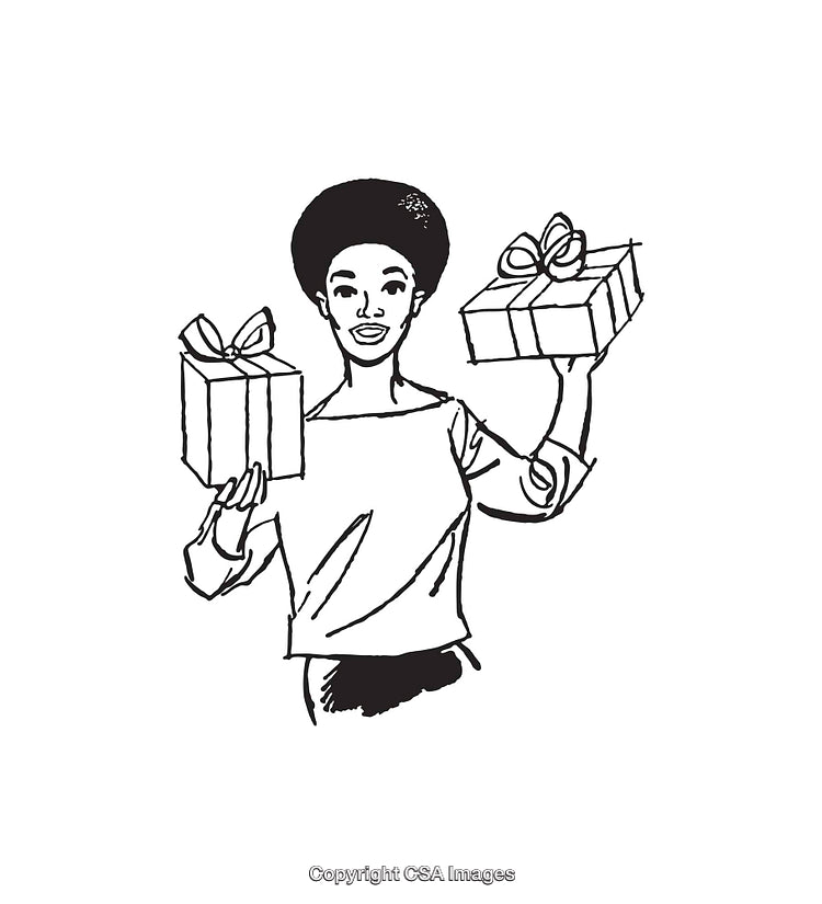 Black And White Illustration of Woman Holding Gift Boxes