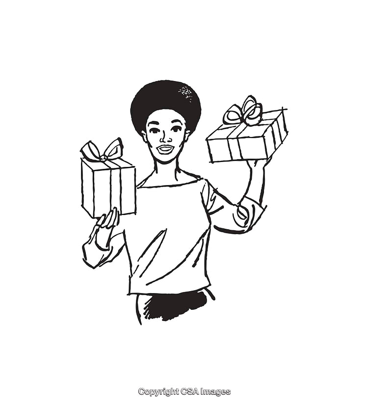 Black And White Illustration of Woman Holding Gift Boxes