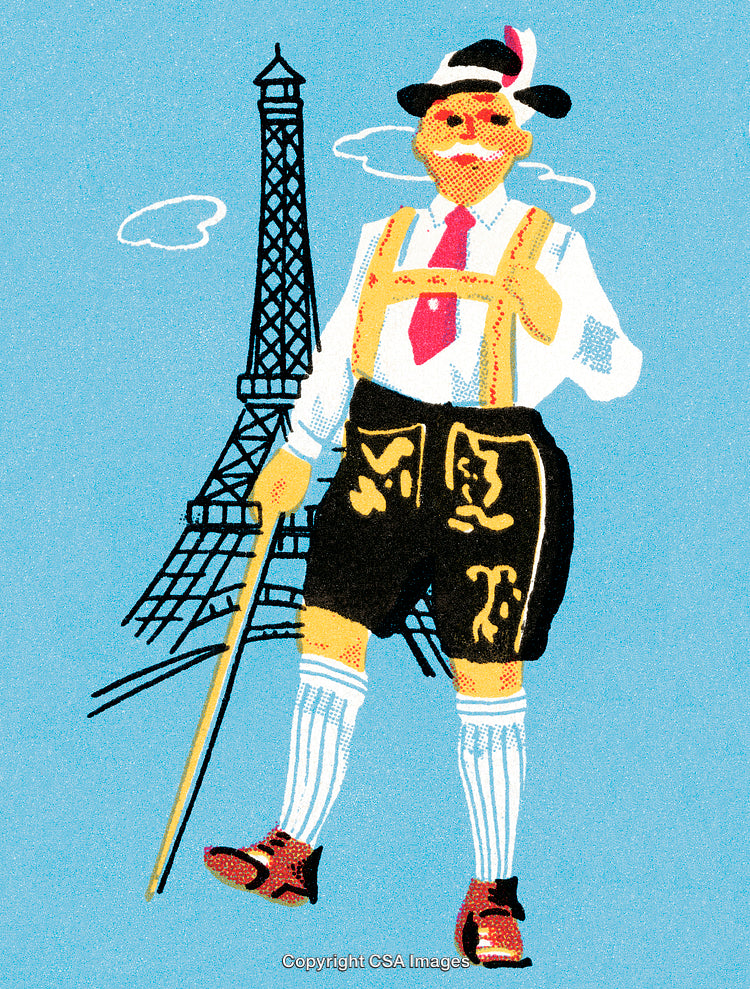 Illustration of Man in Traditional Bavarian Outfit With Paris Eiffel Tower Scene