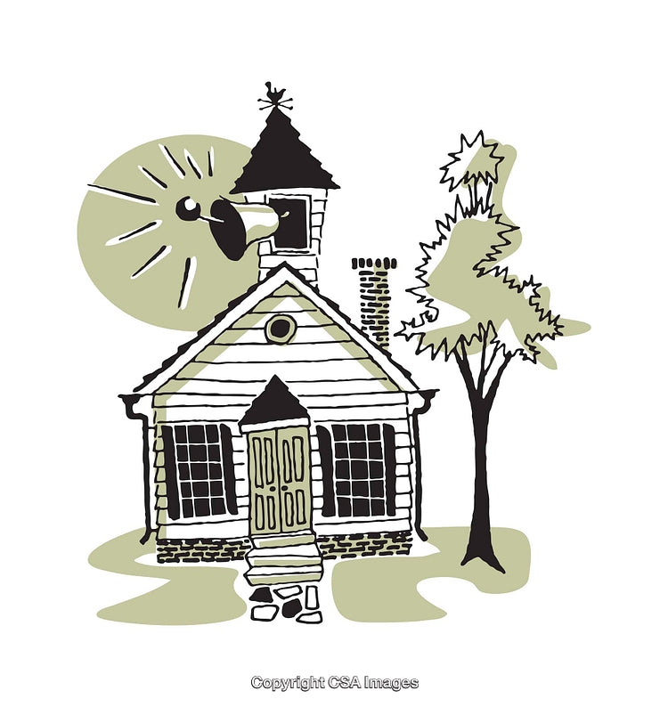 Charming Illustration of a Quaint Schoolhouse With Greenery and Bell Tower