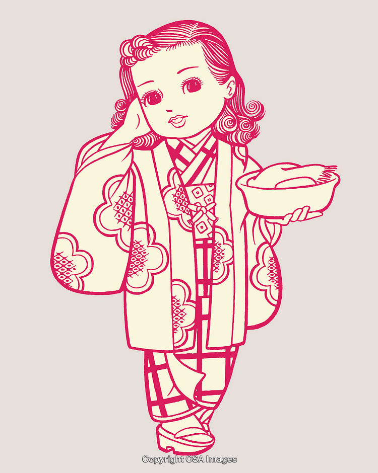 Traditional Line Art Illustration of a Female Figure Holding a Bowl